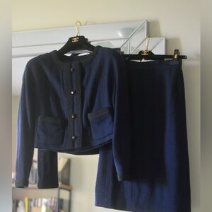 SOLD! Vintage Chanel 1990 s/s navy blue with black trim jacket & skirt suit set